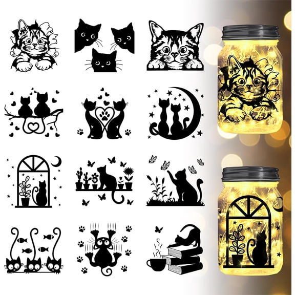 Cartoon Cat Jar Cutout Paper Silhouette Window Plastic Silhouette Wall Lamp Clings Decals Decorations Home Decor Art Mural Black DIY