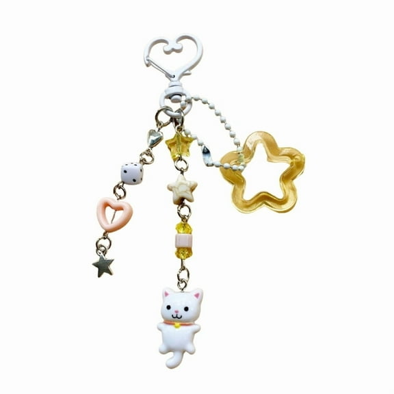 Cartoon Cat Keychain Charm Pendant Colorful Beaded Keyring Fashionable Accessory for Bags and Purses Creative Gift