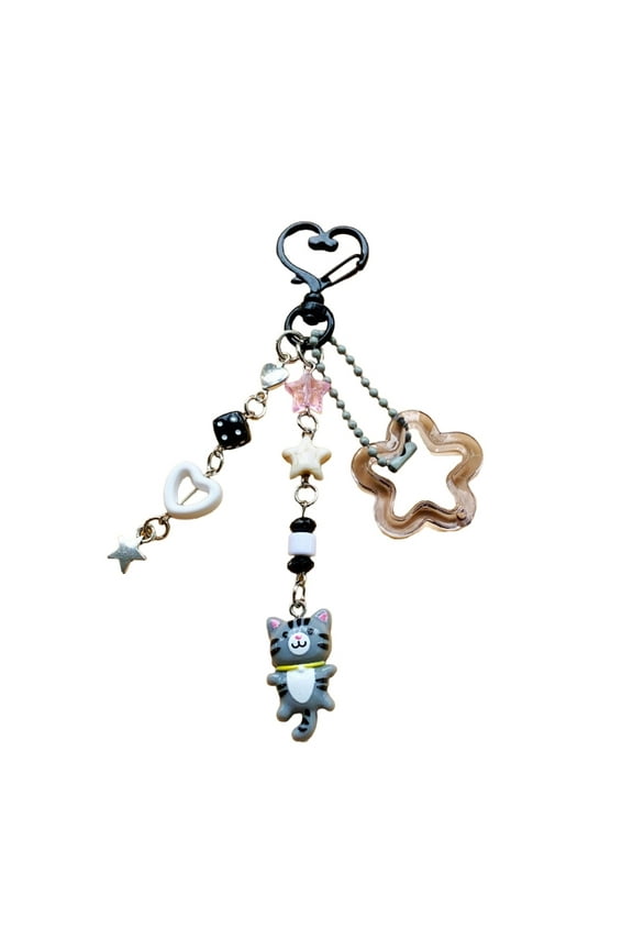 Cartoon Cat Keychain Charm Pendant Colorful Beaded Keyring Fashionable Accessory for Bags and Purses Creative Gift
