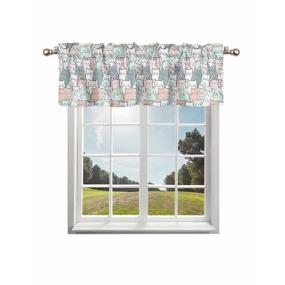 Cartoon Cat Kitchen Curtain Valances for Windows Farmhouse Short Curtains, Funny Cute Colorful Animal Pet Rod Pocket Valance Curtain for Bedroom Cafe Living Room 60"x14"