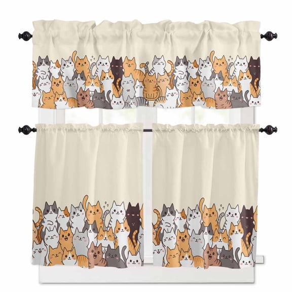 Cartoon Cat Kitchen Curtains Valance and Tier Set Cute Kitten Rod Pocket Short Curtains for Small Window 3 Pieces Set for Bedroom Bathroom Cafe (54" x 18"+27" x 24")
