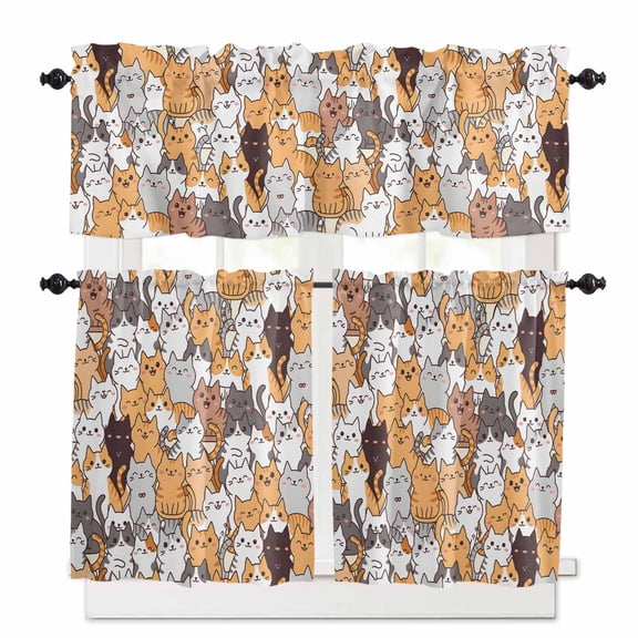 Cartoon Cat Kitchen Curtains Valance and Tier Set Cute Kitten Rod Pocket Short Curtains for Small Window 3 Pieces Set for Bedroom Bathroom Cafe (54" x 18"+27" x 24")