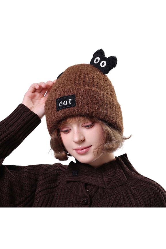 Cartoon Cat Knitted Hat With Thermal Lined Ears Cozy Animal Design Winter Cap For Cold Weather Womens Knit Beanie Hat Fleece Lined Winter