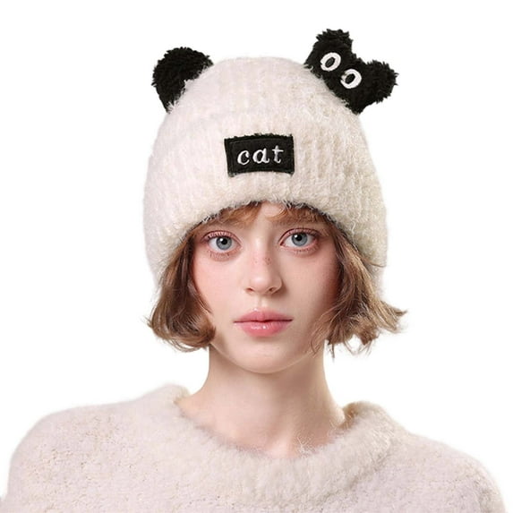 Cartoon Cat Knitted Hat With Thermal Lined Ears Cozy Animal Design Winter Cap For Cold Weather Womens Knit Beanie Hat Fleece Lined Winter