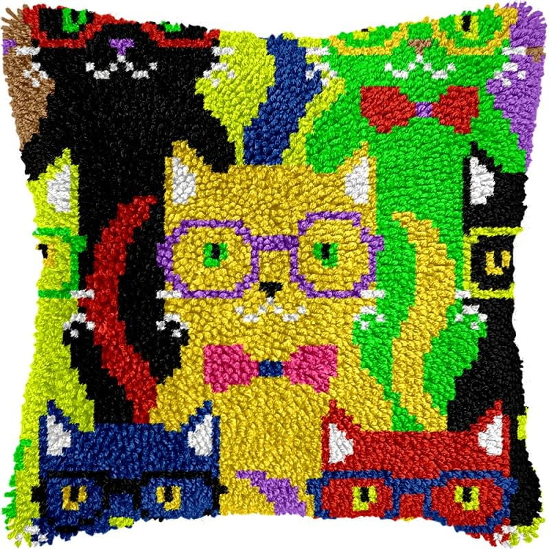 Cartoon Cat Latch Hook Pillows Kits Cushion Pillow Cover with Pattern Printed Canvas Sofa Hooking Pillowcase Crafts Embroidery Latch Hooking Crochet Kits Set 17x17 inch(1)