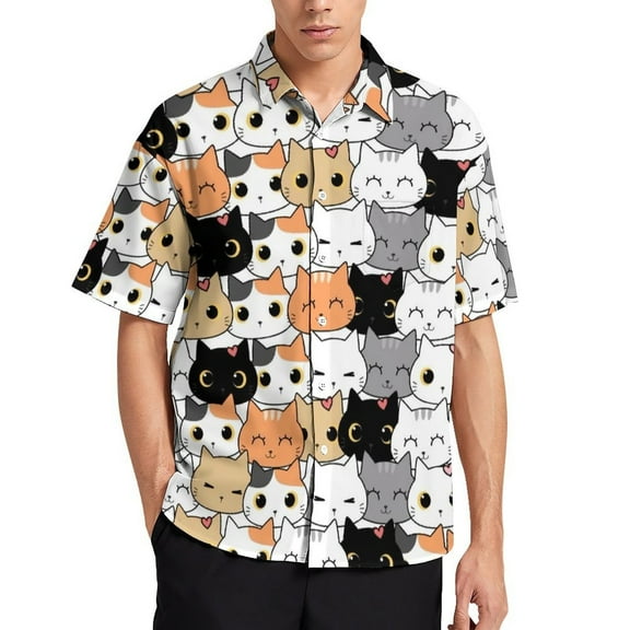 Cartoon Cat Men's Short Sleeve Button Up Shirts Casual Regular-Fit Beach Summer Tops M-4XL