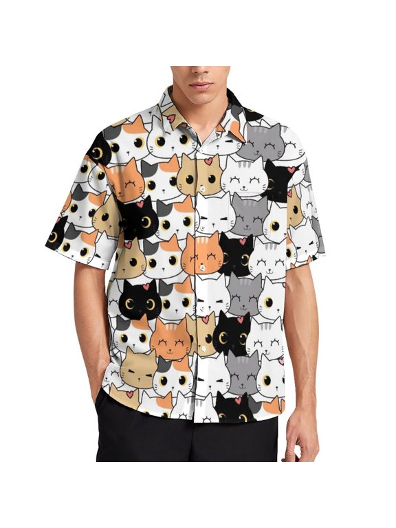 Cartoon Cat Men's Short Sleeve Button Up Shirts Casual Regular-Fit Beach Summer Tops M-4XL