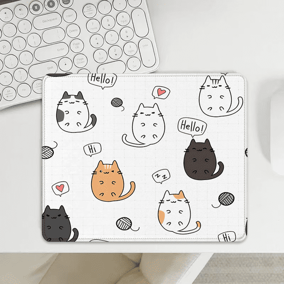 Cartoon Cat Mouse Pad 9.44 x 7.87 Inches - Kawaii Design with Speech Bubbles and Yarn, Soft Polyester for Desk Use