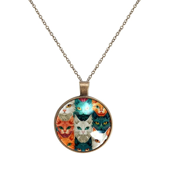 Cartoon Cat Necklace Personalized Custom Photo Round Pendant Adjustable Stainless Steel Necklaces with Gift Box for Men Women Mothers Valentine's Jewelry Gift
