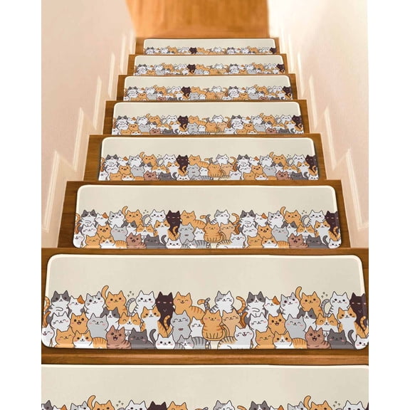 Cartoon Cat Non-Slip Stair Treads for Wooden Steps, 4 Pack-8x30in Carpet Stair Mats with Adhesive Backing, Noise-Reducing Step Covers for Indoor Stairs, Easy to Install & Residue-Free