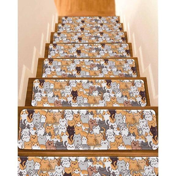 Cartoon Cat Non-Slip Stair Treads for Wooden Steps, 7 Pack-8x30in Carpet Stair Mats with Adhesive Backing, Noise-Reducing Step Covers for Indoor Stairs, Easy to Install & Residue-Free