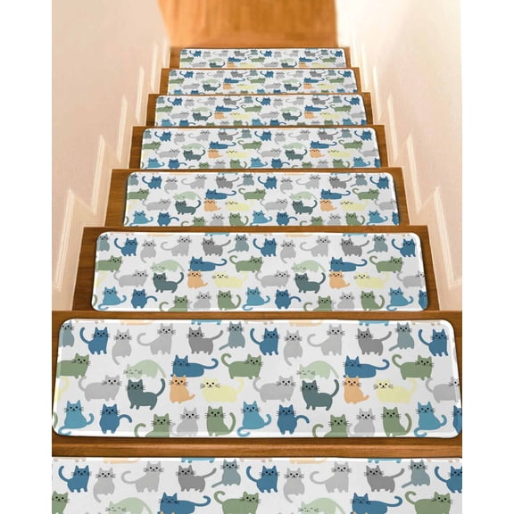 Cartoon Cat Non-Slip Stair Treads for Wooden Steps Colorful Simple Animal Modern Indoor Carpet Stair Runners 4PCS 8x30 in with Adhesive for Pets and Seniors