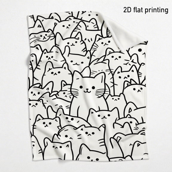 Cartoon Cat Pattern Cozy Throw Blanket, Playful White Cat Illustration for Sofa Naps, Bedtime Snuggles, Cat Lover Gift, All Season Flannel