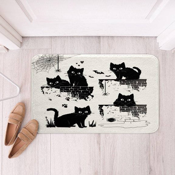 Cartoon Cat Polyester Bath Rug Cute Black Cat Soft Fleece Non Slip Bathroom Floor Indoor Doormat 16x24 Inch