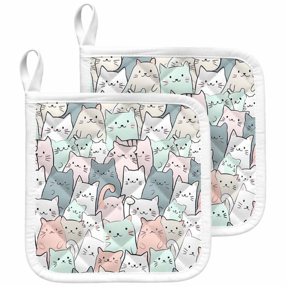 Cartoon Cat Pot Holders for Kitchen Heatproof Potholder, 2 Pack Funny Cute Colorful Animal Pet Hot Pads Multipurpose Oven Pads Cloth Potholders Trivet for Cooking and Baking