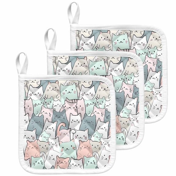 Cartoon Cat Pot Holders for Kitchen Heatproof Potholder, 3 Pack Funny Cute Colorful Animal Pet Hot Pads Multipurpose Oven Pads Cloth Potholders Trivet for Cooking Baking