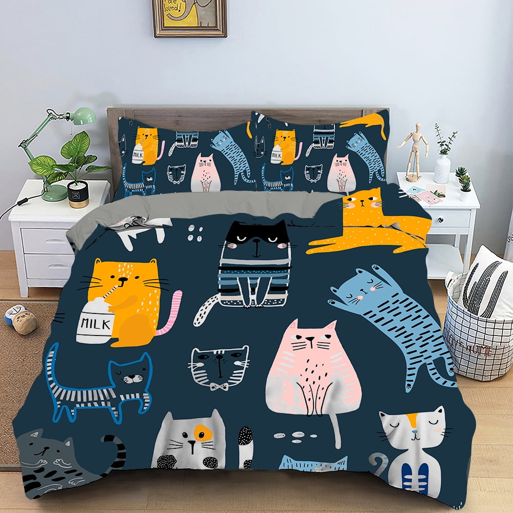 Cartoon Cat Print Duvet Cover Bedding Set, Adorable Kitty Pattern Quilt