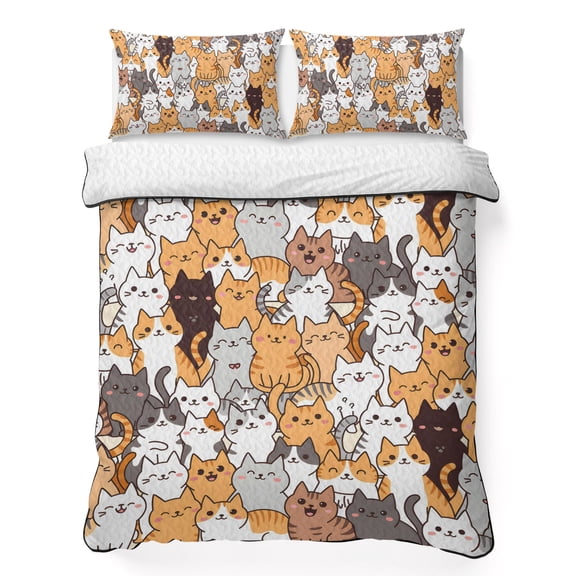 Cartoon Cat Queen Quilt Bedding Set, Cute Kitten Lightweight Comforter with 2 Pillow Shams Bedroom Bedspread Set Home Decor for All Seasons