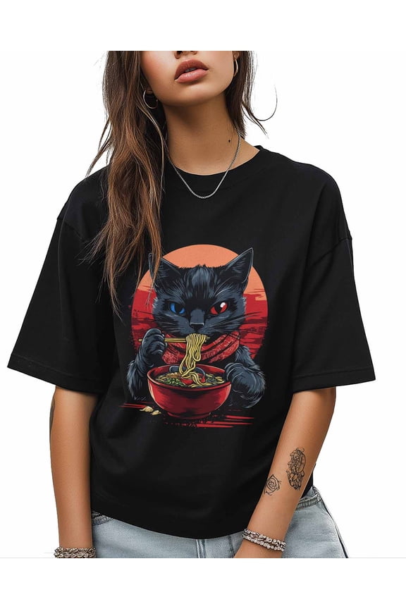 Cartoon Cat Ramen Animal T Shirts for Women Short Sleeve Cotton Crewneck T-Shirt Graffiti Street Art Tee Tops Casual Basic T-Shirts, XS-5XL Black 3XL