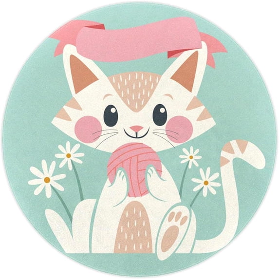 Cartoon Cat Round Area Rug Non-Slip Floor Mats Polyester Throw Rugs Floor Carpet for Door Entryway Bedrooms Living Room Decor, 27.6 X 27.6 Inches
