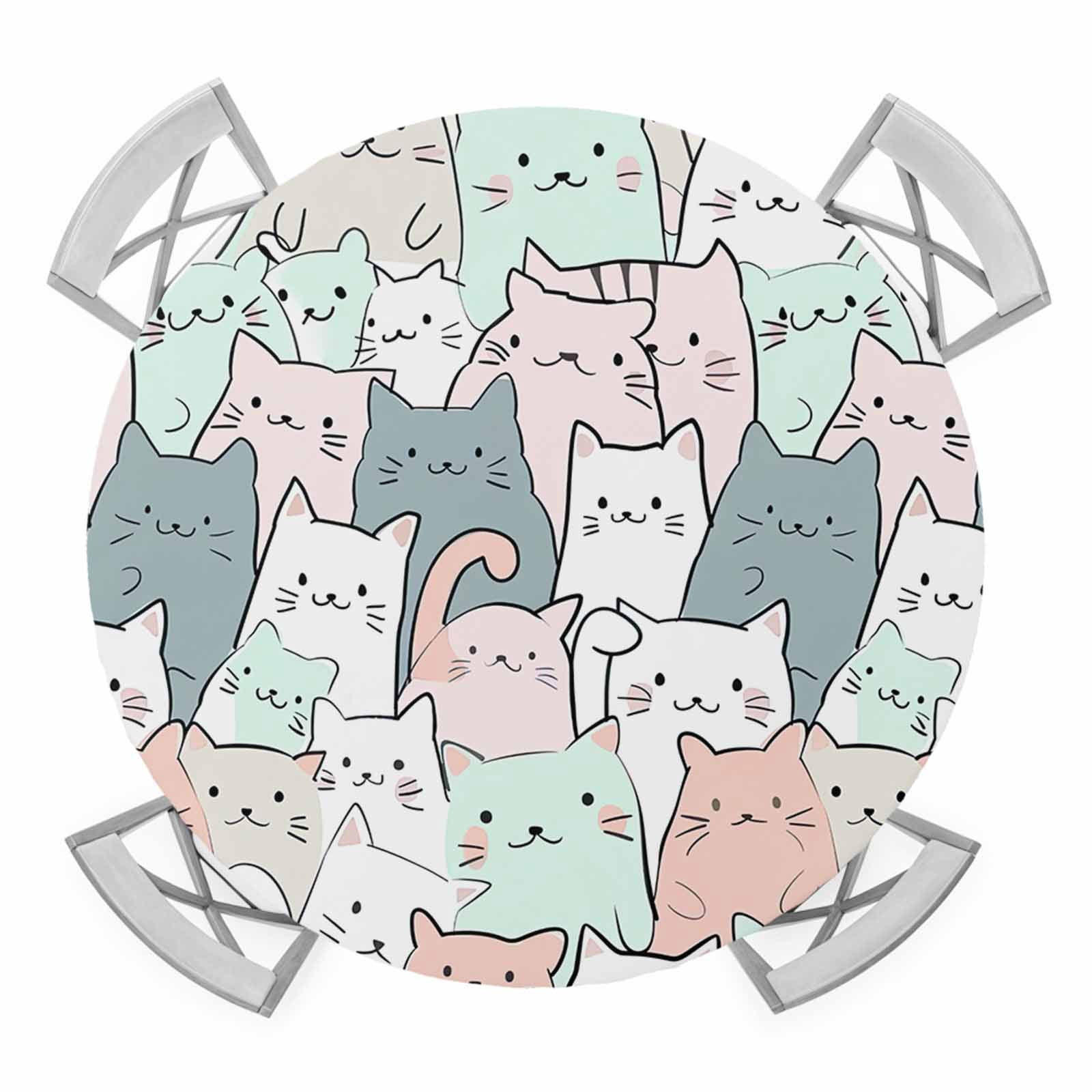Cartoon Cat Round Tablecloth for 45-54 Inch Tables, Fitted Table Cover ...