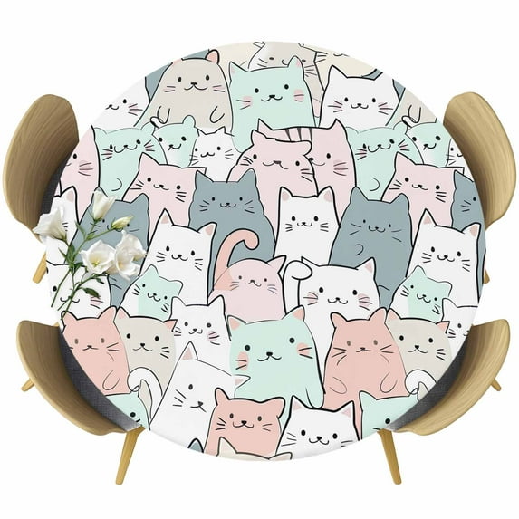 Cartoon Cat Round Tablecloth 55-60 Inch Round Fitted Table Cloth with Elastic Edge, Funny Cute Colorful Animal Pet Waterproof Table Cover Protector for Outdoor Picnic Party Dining