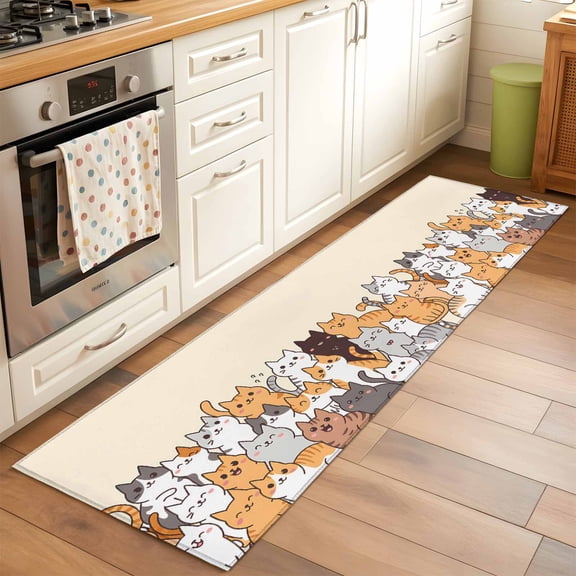 Cartoon Cat Runner Rug 2x6 FT, Non Slip Hallway Carpet, Modern Simple Funny Cute Animals Art Washable Soft Floor Carpet Throw Runner Carpet Long Rug for Entryway Kitchen Bedside Sliding Door