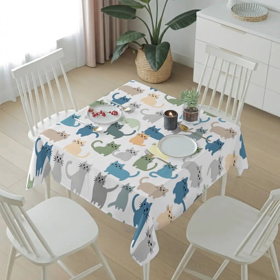 Cartoon Cat Seamless Table Cloth 54x54in, Waterproof Square Tablecloth Wipeable Tablecloths Funny Animal on White Table Covers for Dining Tables Party Indoor Outdoor