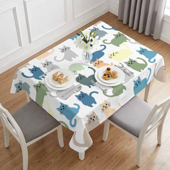Cartoon Cat Seamless Table Cloth 60x84in, Waterproof Rectangle Tablecloth Wipeable Tablecloths Funny Animal on White Table Covers for Dining Tables Party Indoor Outdoor