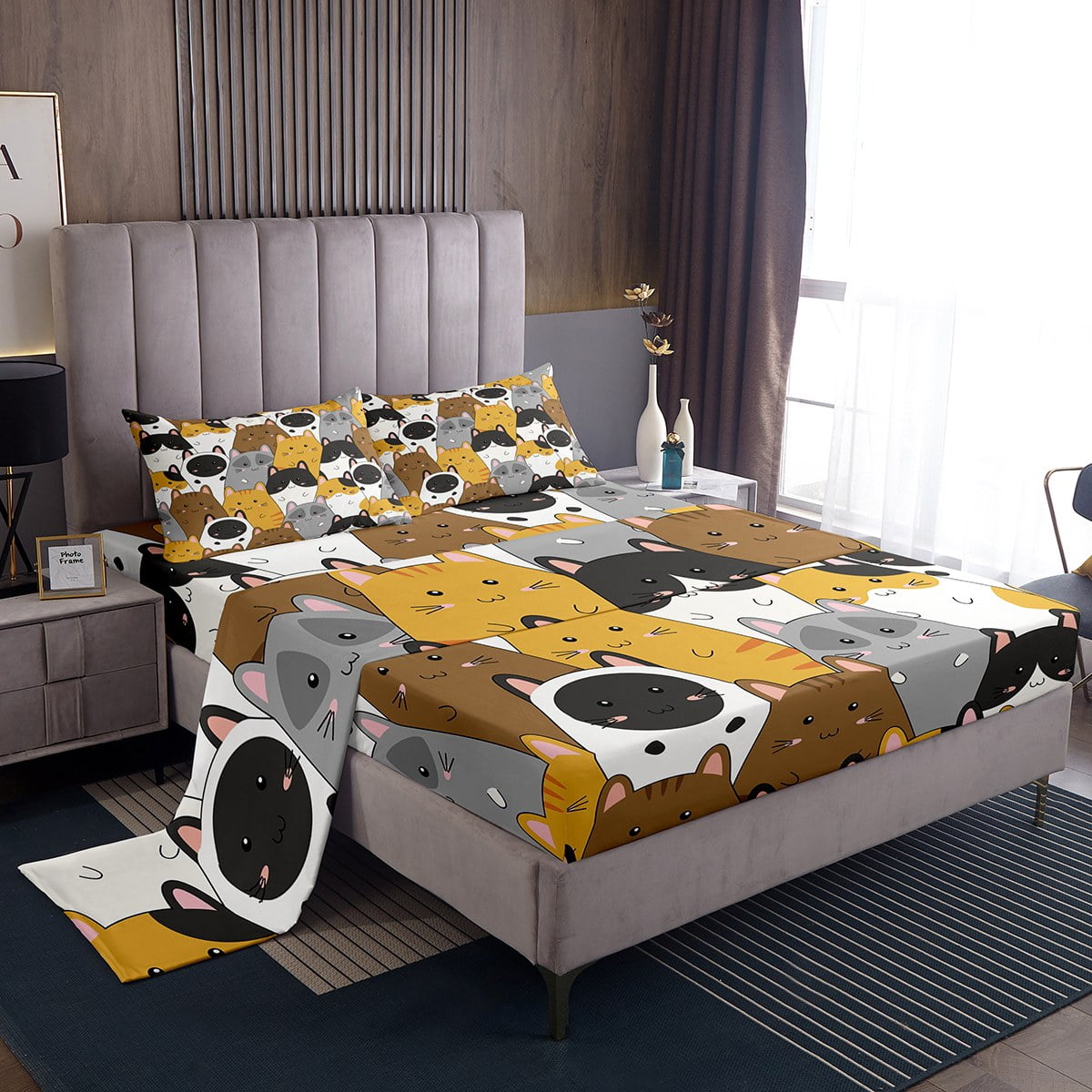 Cartoon Cat Sheets Queen for Newborn Kids Kawaii Kitten Animal Print