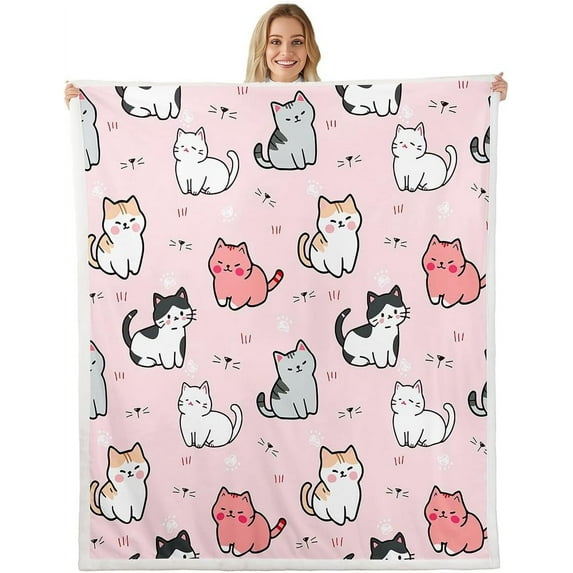 Cartoon Cat Sherpa Blanket,Cute Kitten Print Blanket for Kids Boys Girls Toddler Cat Lover,Cat Paw Print Throw Blanket for Bed Sofa Couch,Kawaii Pet Theme Plush Blanket Pink Baby 30"x40"
