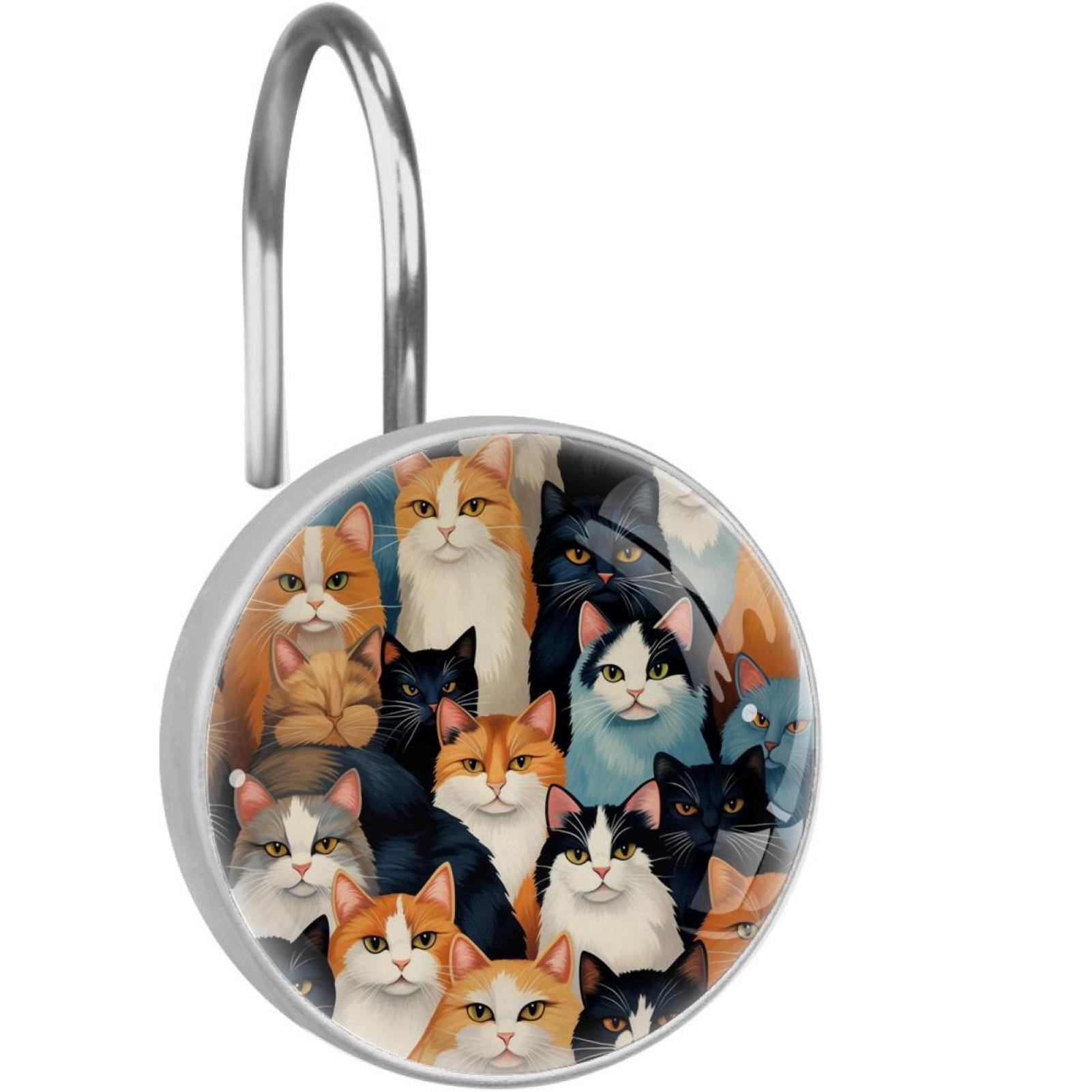 Cartoon Cat Shower Curtain Hooks （Set of 12） for Home Hotel Shower Rods Bathroom Crystal Glass Print Stainless Steel Round Curtain Hooks