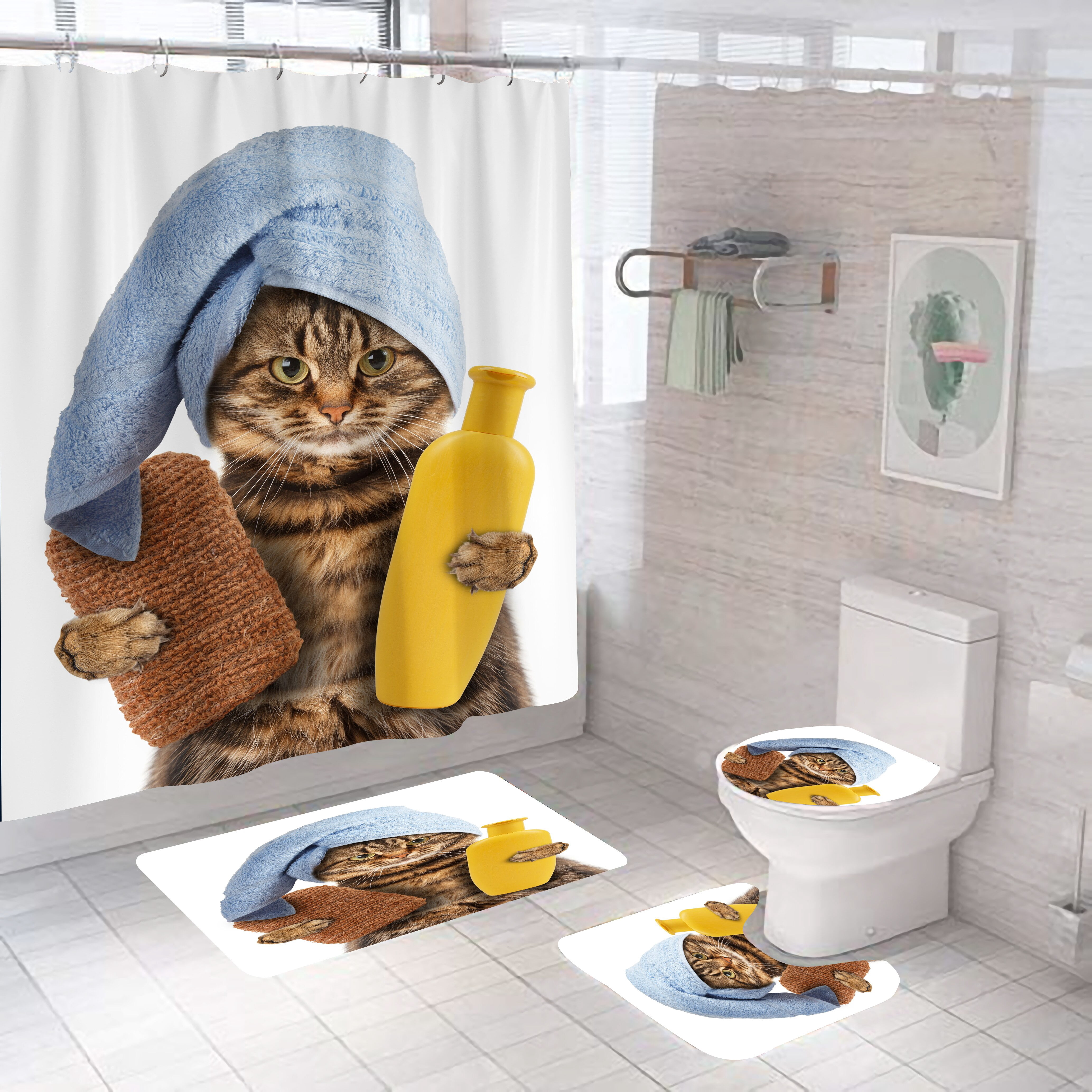 Cartoon Cat Shower Curtain Set Animal Black Waterproof Bath Toilet Lid