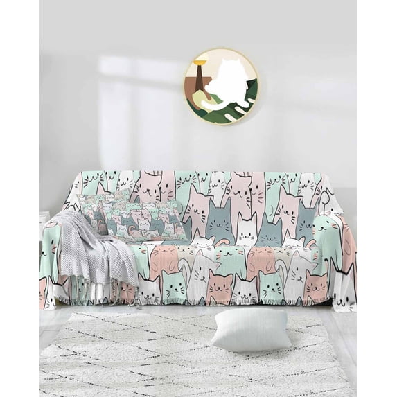 Cartoon Cat Sofa Covers for 3 Cushion Couch,Washable Sectional & L Shape Couch Covers for Dog/Cat/Kid,Funny Cute Colorful Animal Pet Non Slip Sofa Slipcover Tassel Futon Cover 71''x150''
