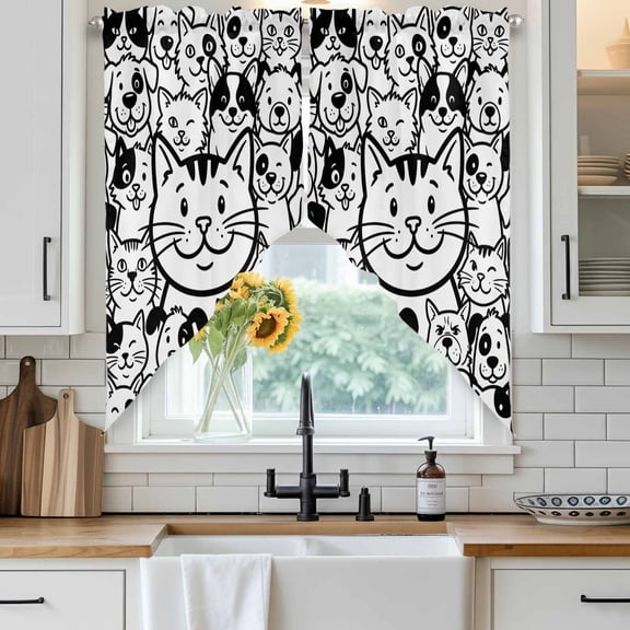 Cartoon Cat Swag Curtain Valance for Windows, Cute Dog Black White Line Animal Abstract Window Treatments Short Swag Topper for Kitchen Windows Bathroom Bedroom, 28"x36"