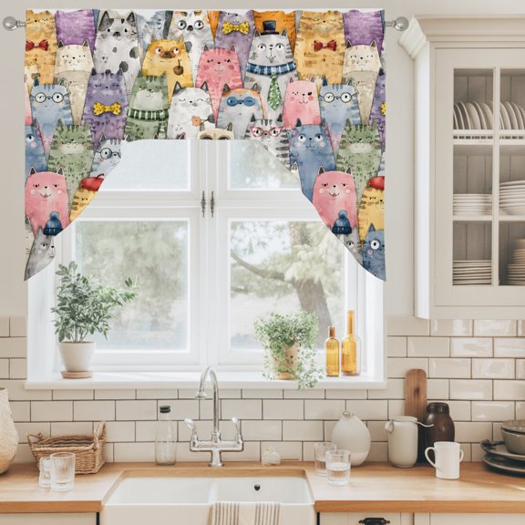 Cartoon Cat Swag Valance for Windows, Playful Cute Animal Whiskered Kittens Modern Swag Curtains Valances for Small Window Treatment Rod Pocket for Kitchen Bathroom 1 Panel 56x36in