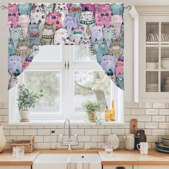 Cartoon Cat Swag Valance for Windows, Playful Cute Pink Gray Purple Animal Whiskered Kittens Swag Curtains Valances for Small Window Treatment Rod Pocket for Kitchen Bathroom 1 Panel 56x36in