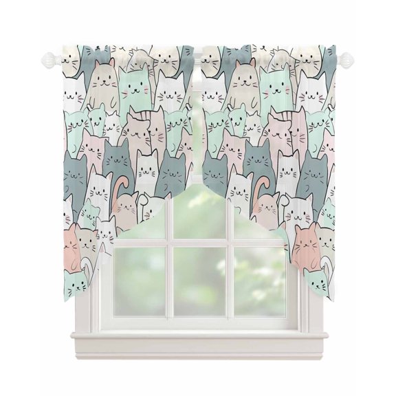 Cartoon Cat Swag Valances for Windows, Funny Cute Colorful Animal Pet Rod Pocket Sheer Valances for Small Windows, Swag Toppers Light Filtering for Kitchen Living Room 2 Panels 28''x36''