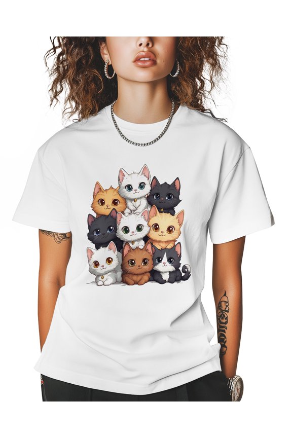 Cartoon Cat T Shirts for Women Short Sleeve Cotton Crewneck T-Shirt Cute Animals Focus Tee Tops Casual Basic T-Shirts, XS-5XL White S