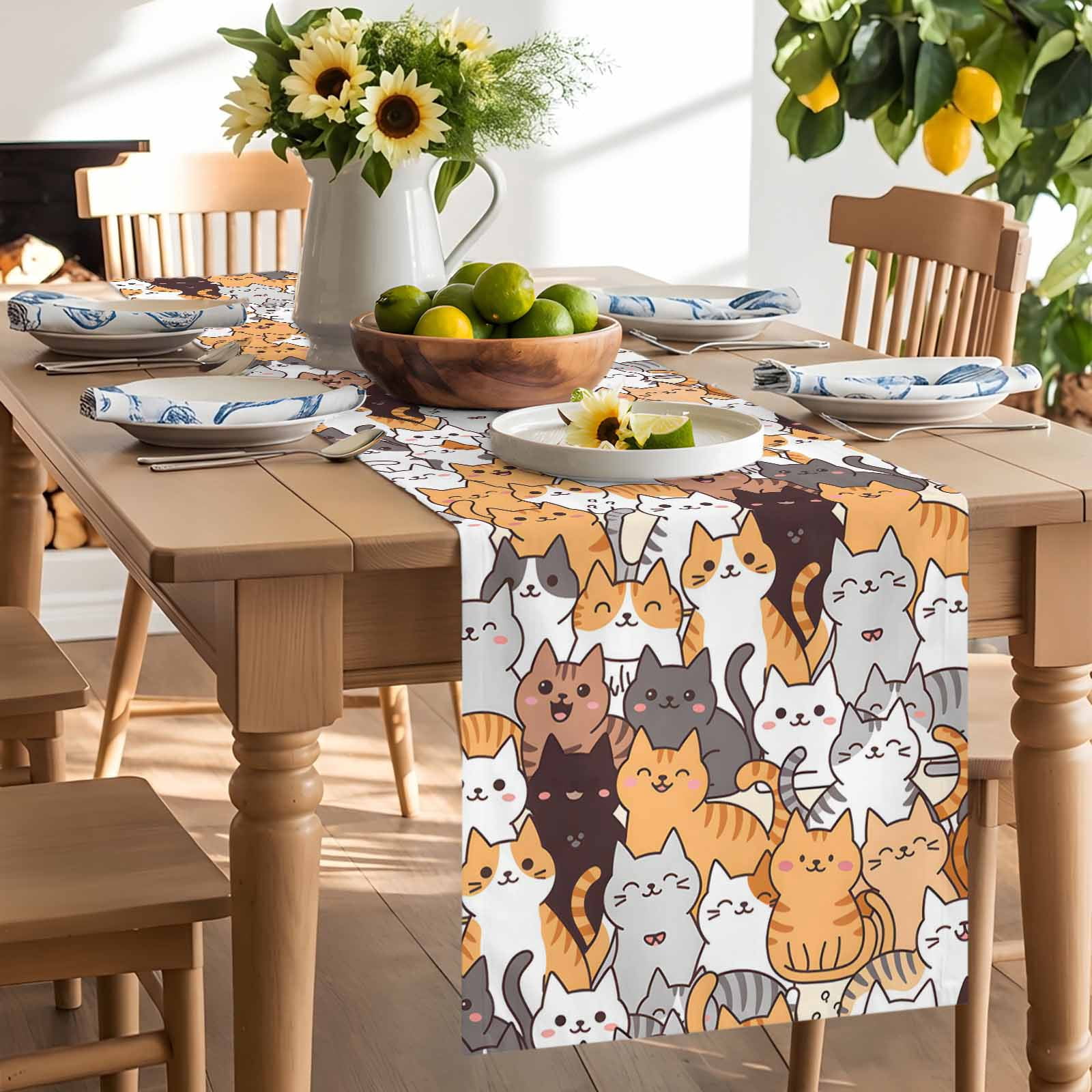 Cartoon Cat Table Runner, Cute Kitten Washable Kitchen Table Runners ...