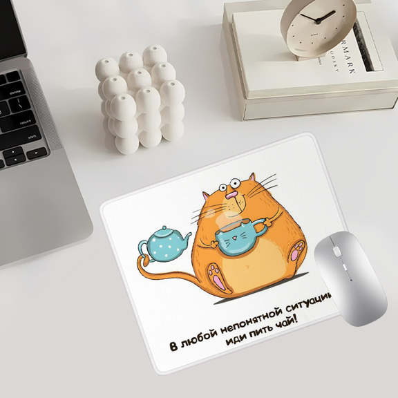 Cartoon Cat Tea Mouse Pad 9.77x7.87 Inches Polyester Fiber Desk Accessory