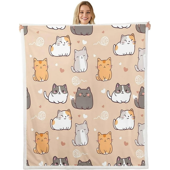 Cartoon Cat Throw Blanket for Couch Cute Animal Fleece Blanket, Kawaii Love Heart Sherpa Blanket Baby Size Pet Theme Blanket, Orange Grey Kitten Bed Blanket Kids Bedroom Decor
