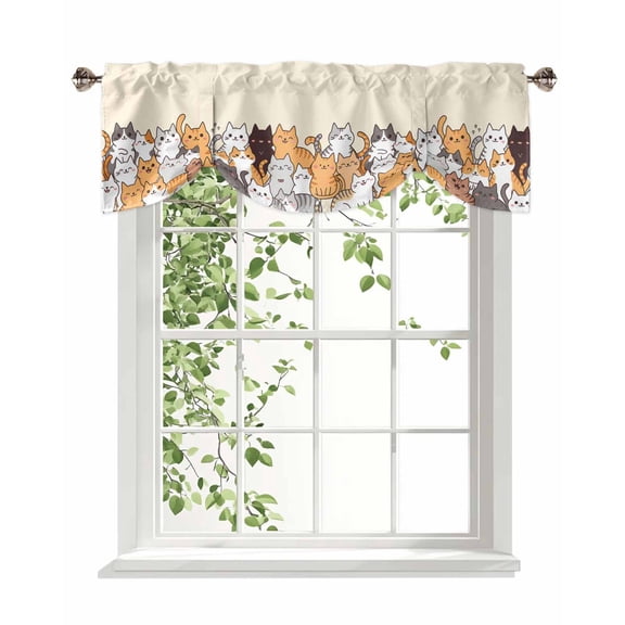 Cartoon Cat Tie Up Valances Curtain, Adjustable Kitchen Cute Kitten Valances for Windows Decor, Rod Pocket Short Curtains Set for Bedroom/Bathroom, 42"x12"