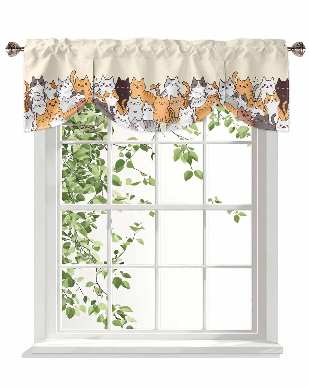 Cartoon Cat Tie Up Valances Curtain, Adjustable Kitchen Cute Kitten Valances for Windows Decor, Rod Pocket Short Curtains Set for Bedroom/Bathroom, 60"x18"