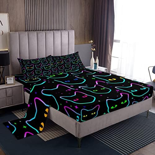 Cartoon Cat Twin Sheets for Girls Ombre Black Cat Bed Sheets Set for Kids Boys Teens Kawaii