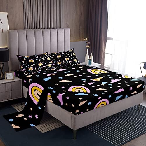 Cartoon Cat Twin Sheets for Girls Ombre Black Cat Bed Sheets Set for Kids Boys Teens Kawaii