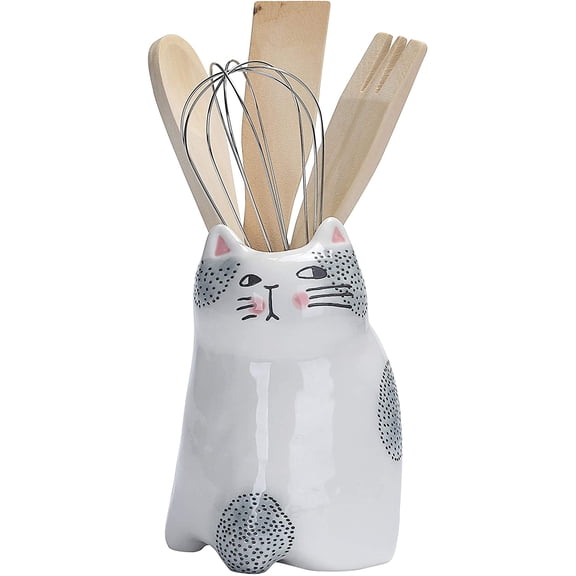 Cartoon Cat Utensil Holder, Handpainted Stoneware, Dishwasher Safe$$Home Decor, Kitchen, & Other