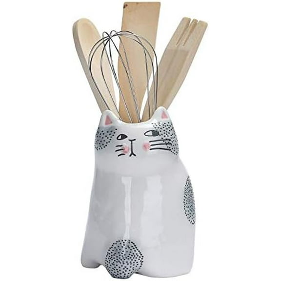 Cartoon Cat Utensil Holder, Handpainted Stoneware, Dishwasher Safe