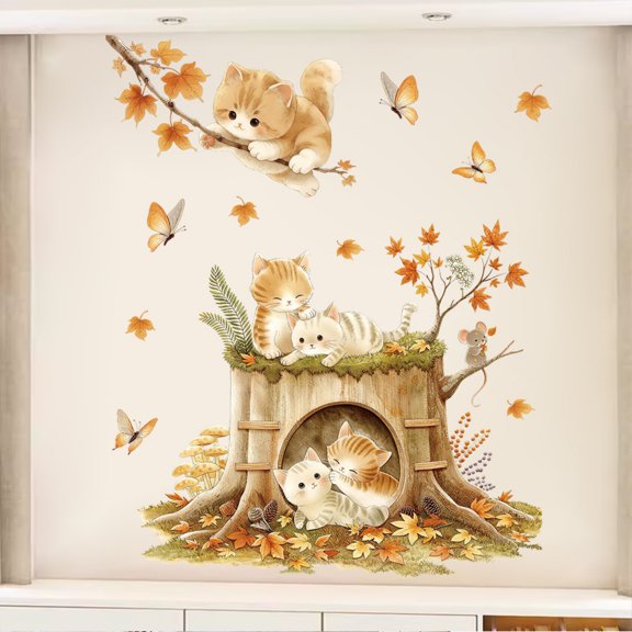 Cartoon Cat Wall with Autumn Leaves and Butterflies Design,Pvc Material,for Kids Room,Wall Decals