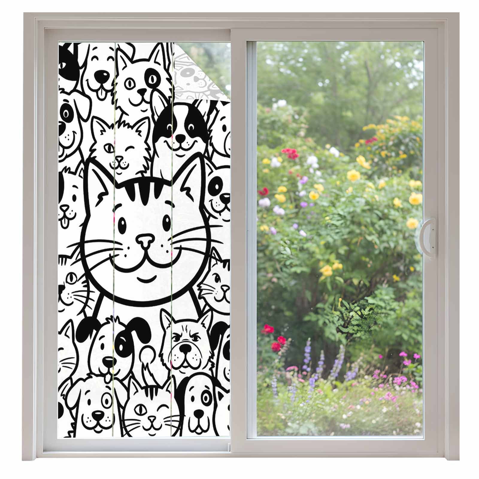 Cartoon Cat Window Privacy Film, Cute Dog Black White Line Animal ...